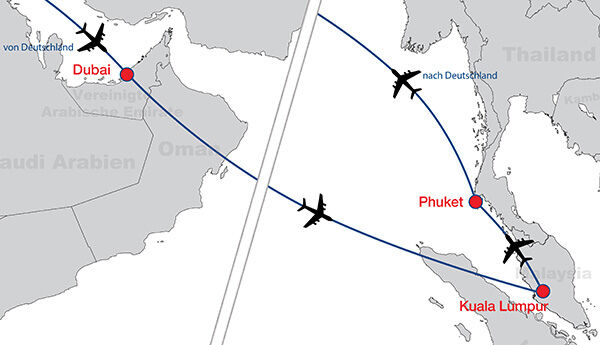Dubai KualaLumpur Phuket map